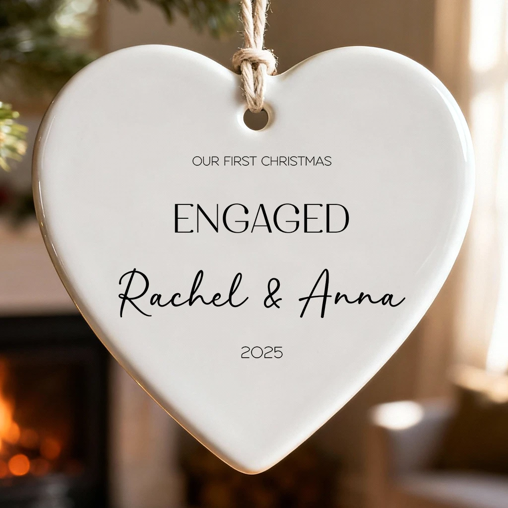 Custom Heart Engaged Ornament | Personalized Couple Name & Year Gift | First Christmas Engaged Keepsake