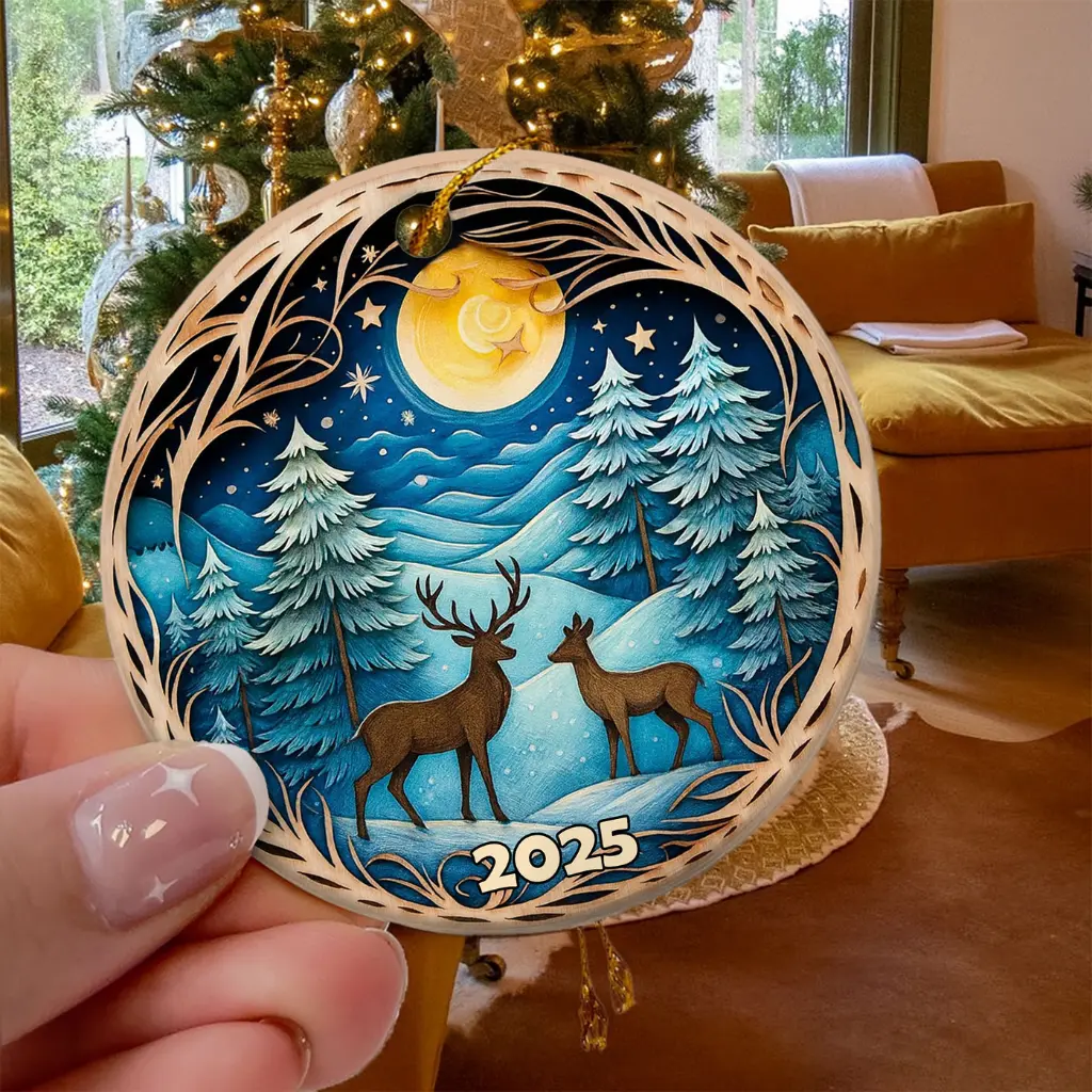 Deer in Winter Forest Ornament 2025, 3D Effect Christmas Decor, Heirloom Keepsake for Tree
