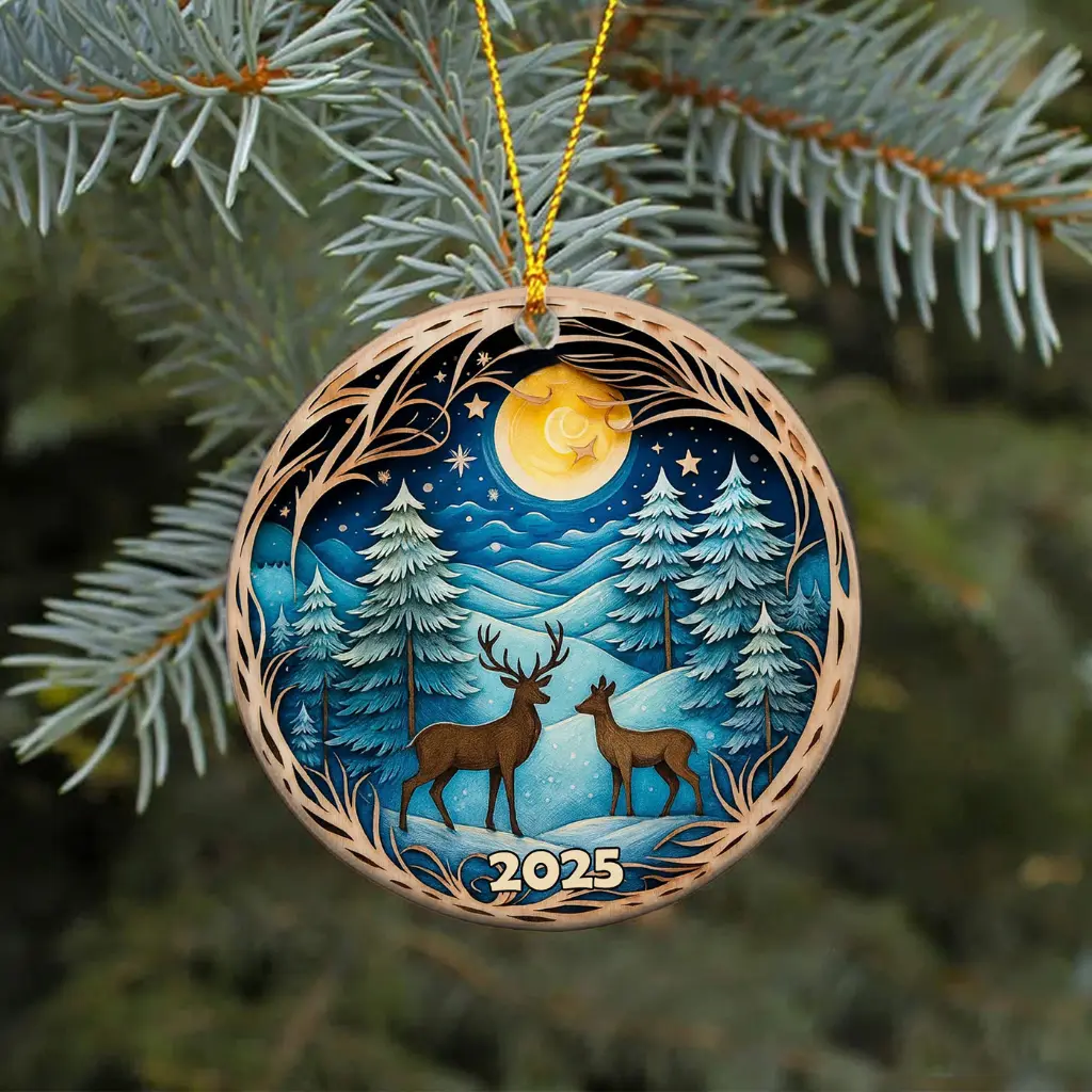 Deer in Winter Forest Ornament 2025, 3D Effect Christmas Decor, Heirloom Keepsake for Tree - Image 2