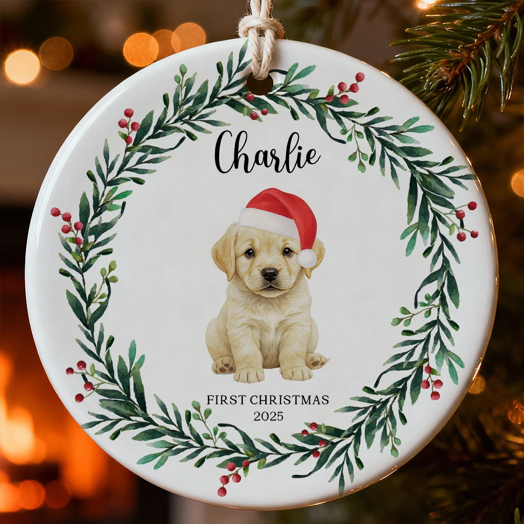 Custom Dog Portrait First Christmas Ceramic Ornament | Heirloom Pet Art Keepsake