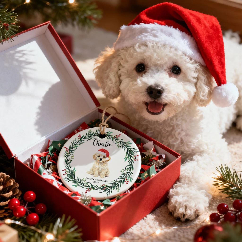 Custom Dog Portrait First Christmas Ceramic Ornament | Heirloom Pet Art Keepsake - Image 3