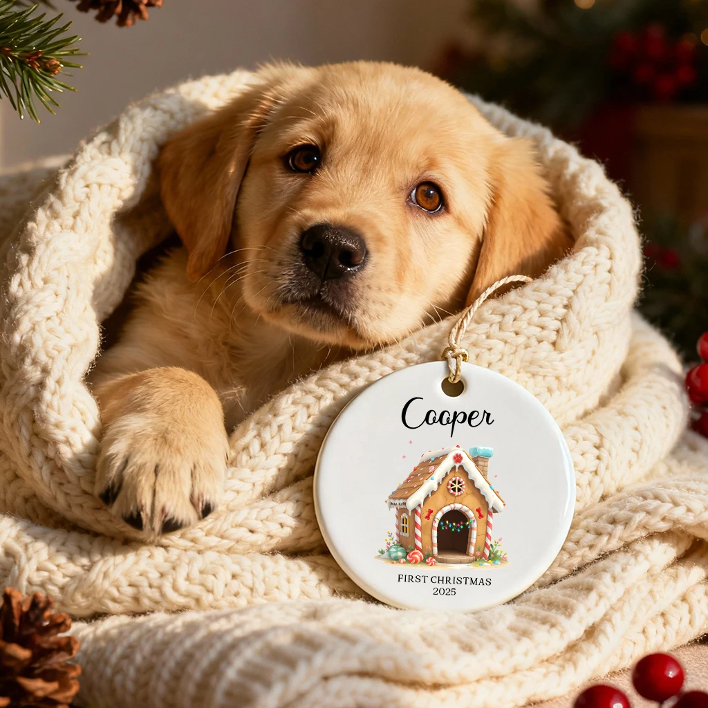 Custom First Christmas Dog Ceramic Ornament | Personalized Puppy Keepsake Gift - Image 2