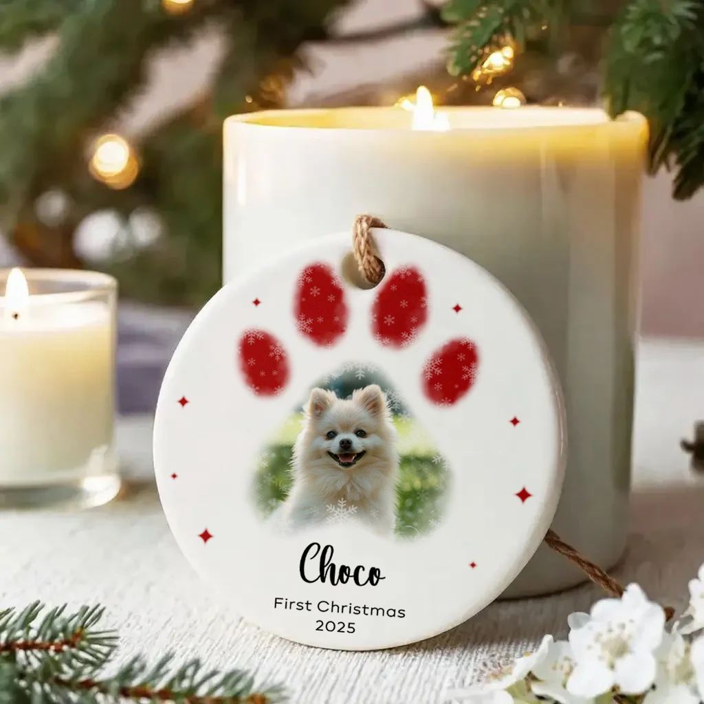 First Christmas Dog Paw Print Ornament | Custom Photo & Name Ceramic Keepsake 2025 - Image 2