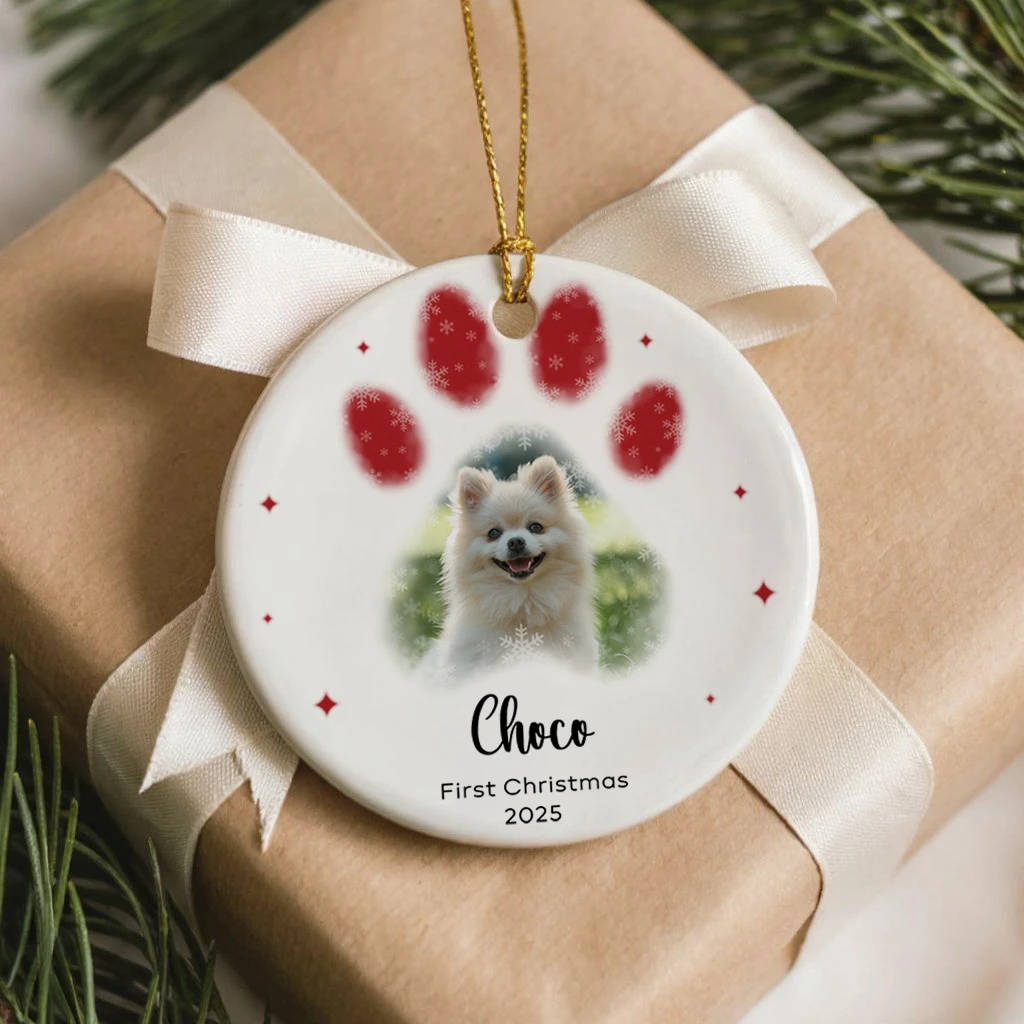 First Christmas Dog Paw Print Ornament | Custom Photo & Name Ceramic Keepsake 2025 - Image 3
