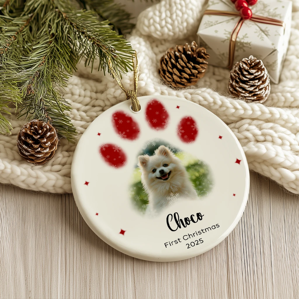 First Christmas Dog Paw Print Ornament | Custom Photo & Name Ceramic Keepsake 2025 - Image 4