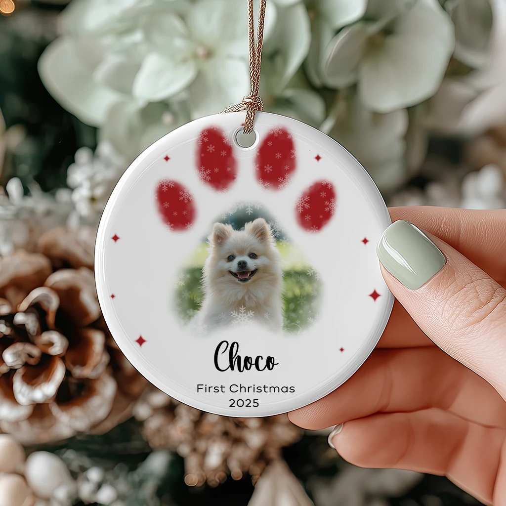 First Christmas Dog Paw Print Ornament | Custom Photo & Name Ceramic Keepsake 2025 - Image 5