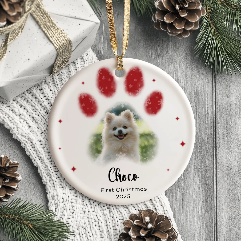 First Christmas Dog Paw Print Ornament | Custom Photo & Name Ceramic Keepsake 2025 - Image 7