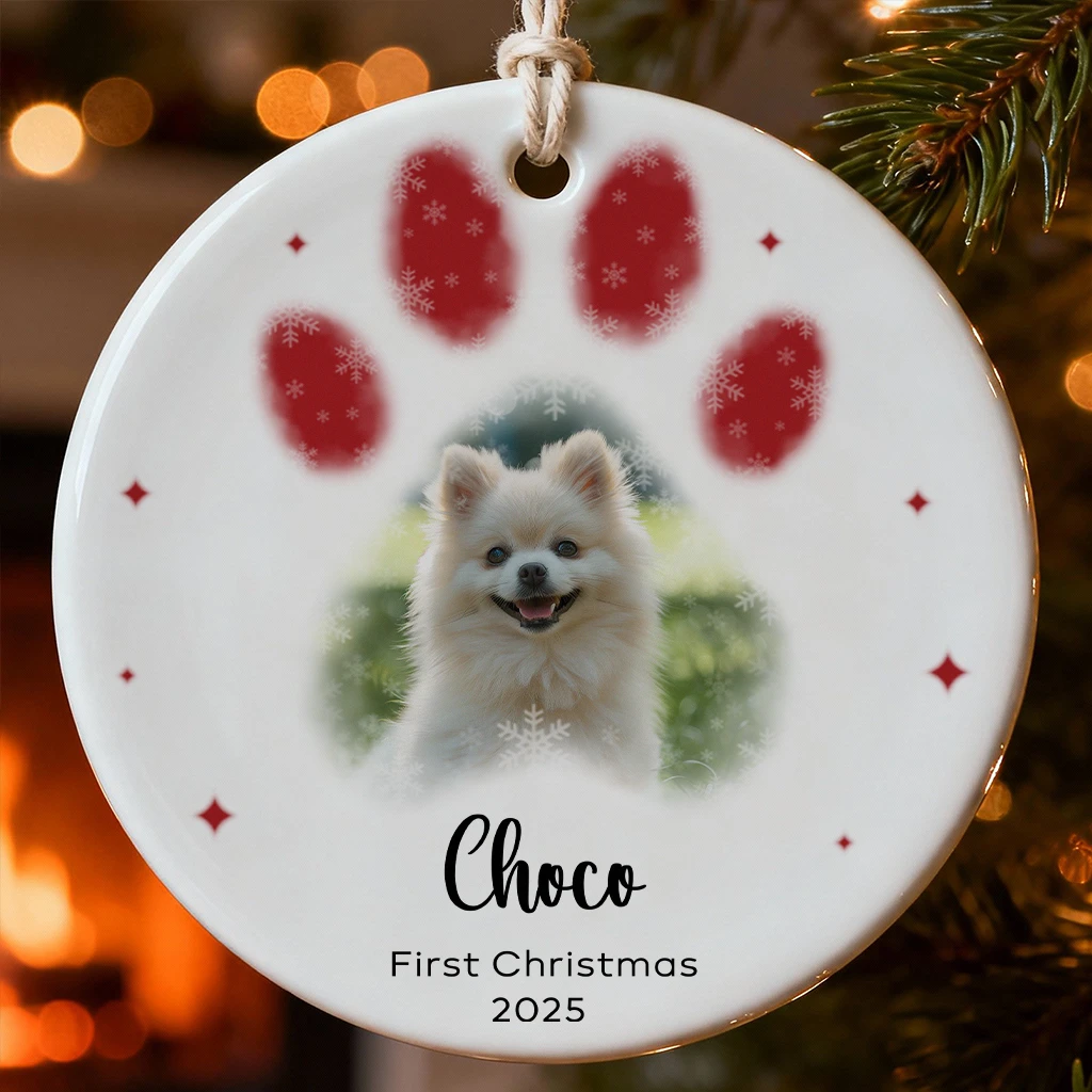 First Christmas Dog Paw Print Ornament | Custom Photo & Name Ceramic Keepsake 2025 - Image 6