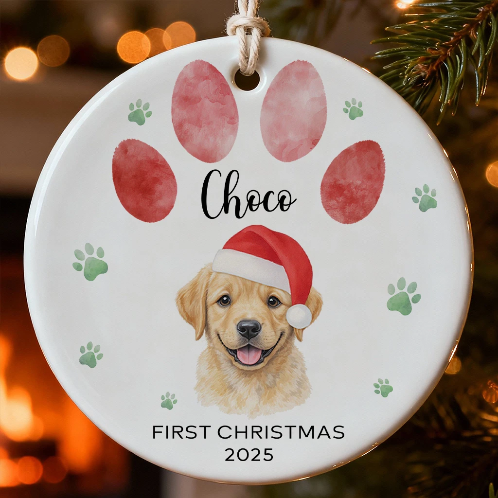 First Christmas Dog Paw Watercolor Ornament | Custom Photo 1st Christmas Ceramic Gift