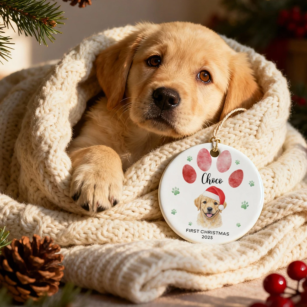 First Christmas Dog Paw Watercolor Ornament | Custom Photo 1st Christmas Ceramic Gift - Image 3