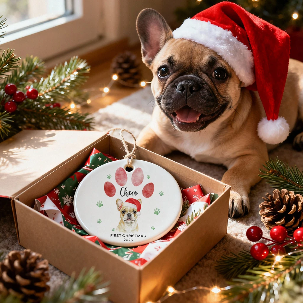 First Christmas Dog Paw Watercolor Ornament | Custom Photo 1st Christmas Ceramic Gift - Image 2