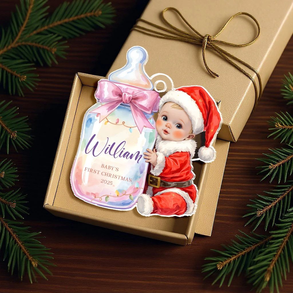 Custom Baby First Christmas Milk Bottle Acrylic Ornament | Personalized Face Keepsake - Image 3