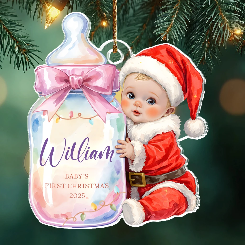 Custom Baby First Christmas Milk Bottle Acrylic Ornament | Personalized Face Keepsake - Image 2