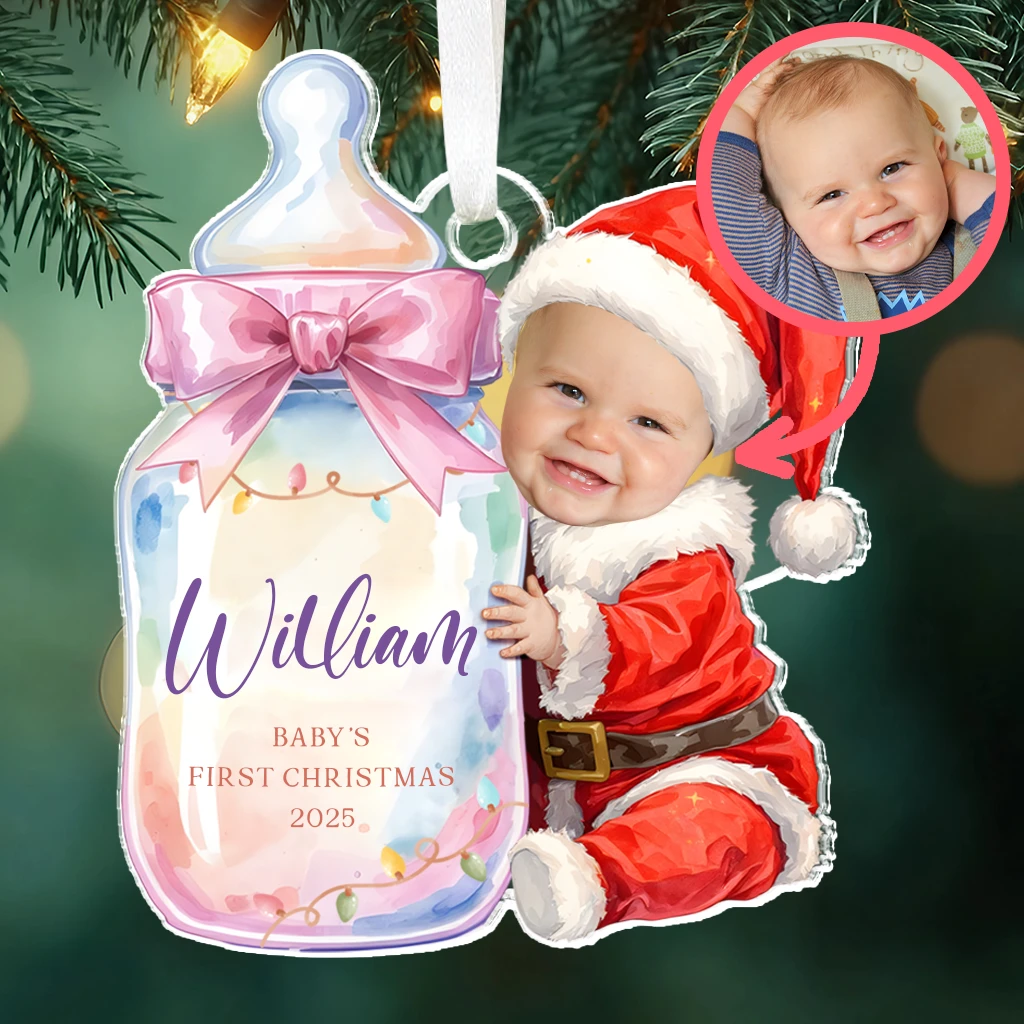 Custom Baby First Christmas Milk Bottle Acrylic Ornament | Personalized Face Keepsake