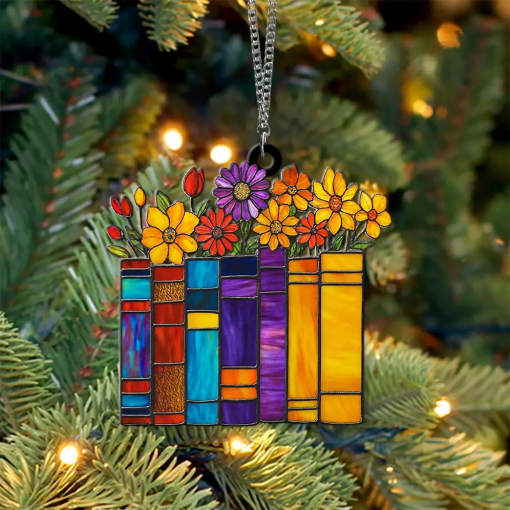 Floral Book Stack Ornament | Acrylic Christmas Gift for Book Lovers, Readers | Bookshelf & Tree Decoration - Image 3