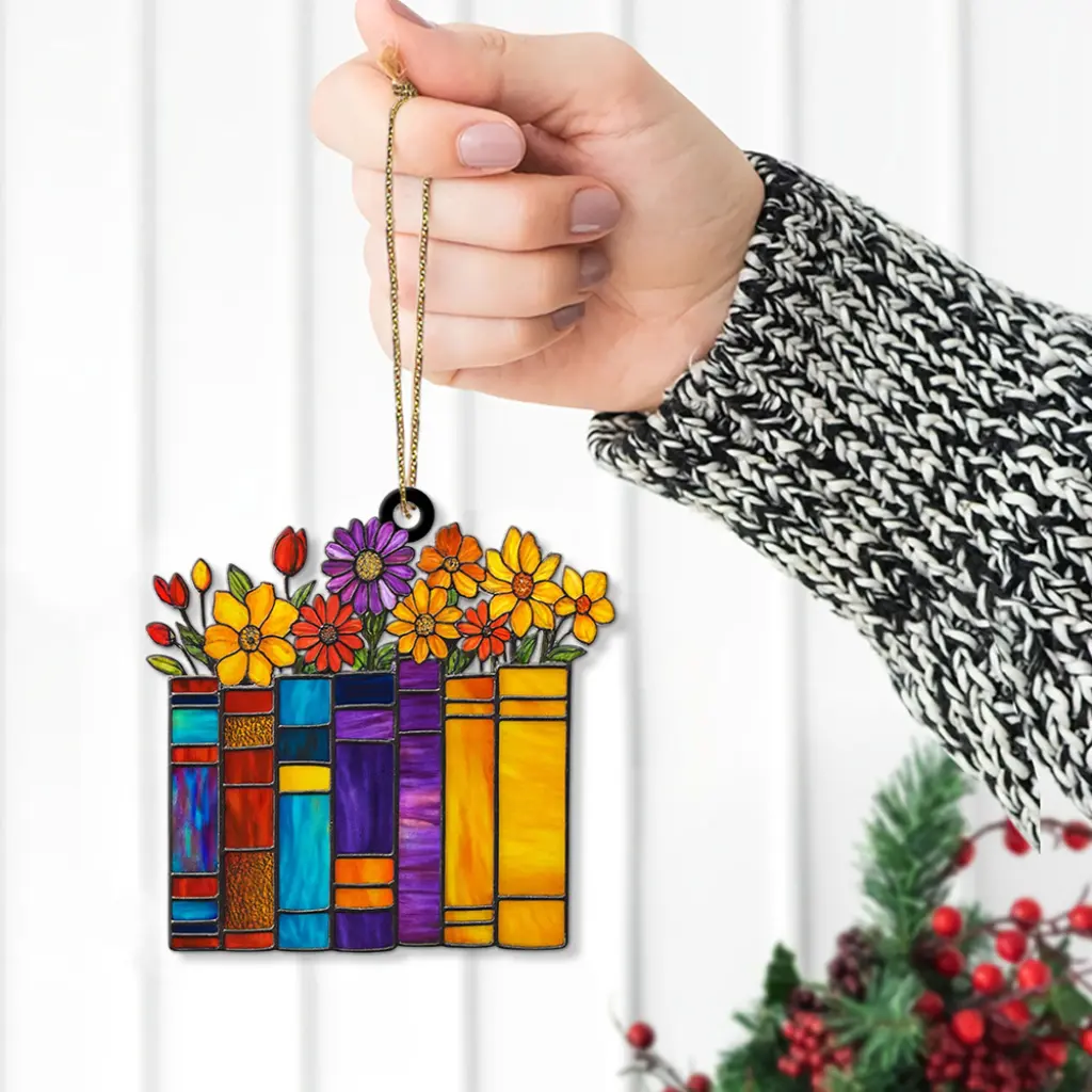 Floral Book Stack Ornament | Acrylic Christmas Gift for Book Lovers, Readers | Bookshelf & Tree Decoration - Image 4