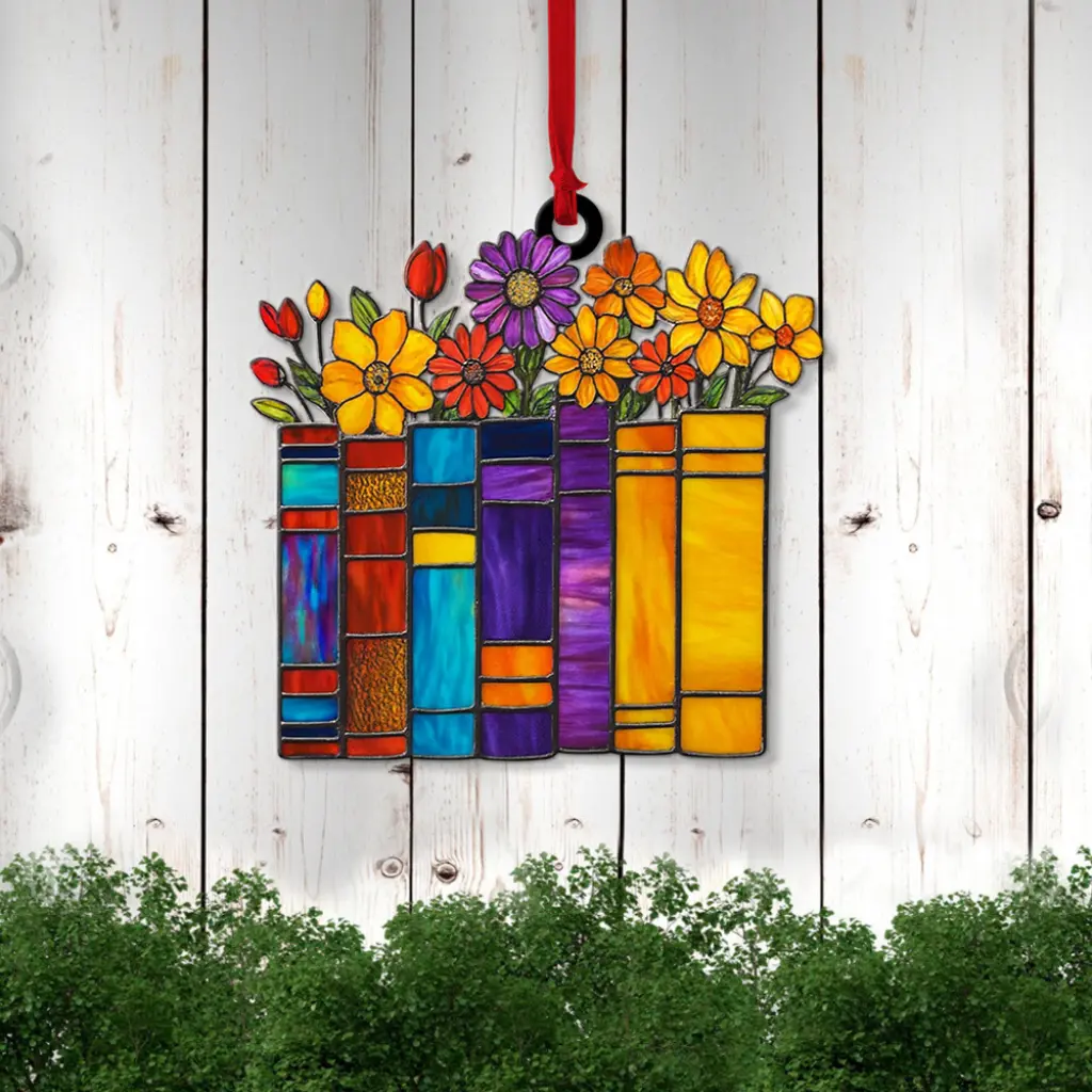 Floral Book Stack Ornament | Acrylic Christmas Gift for Book Lovers, Readers | Bookshelf & Tree Decoration - Image 5