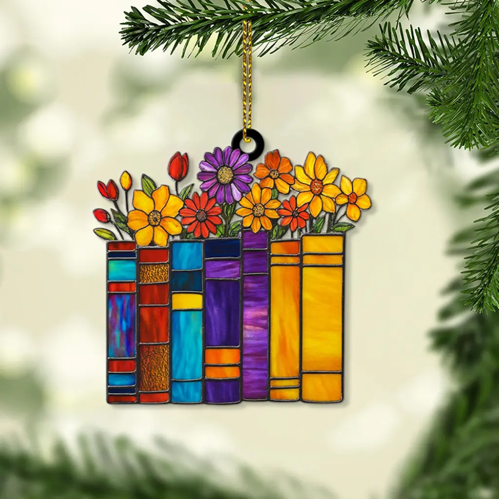 Floral Book Stack Ornament | Acrylic Christmas Gift for Book Lovers, Readers | Bookshelf & Tree Decoration