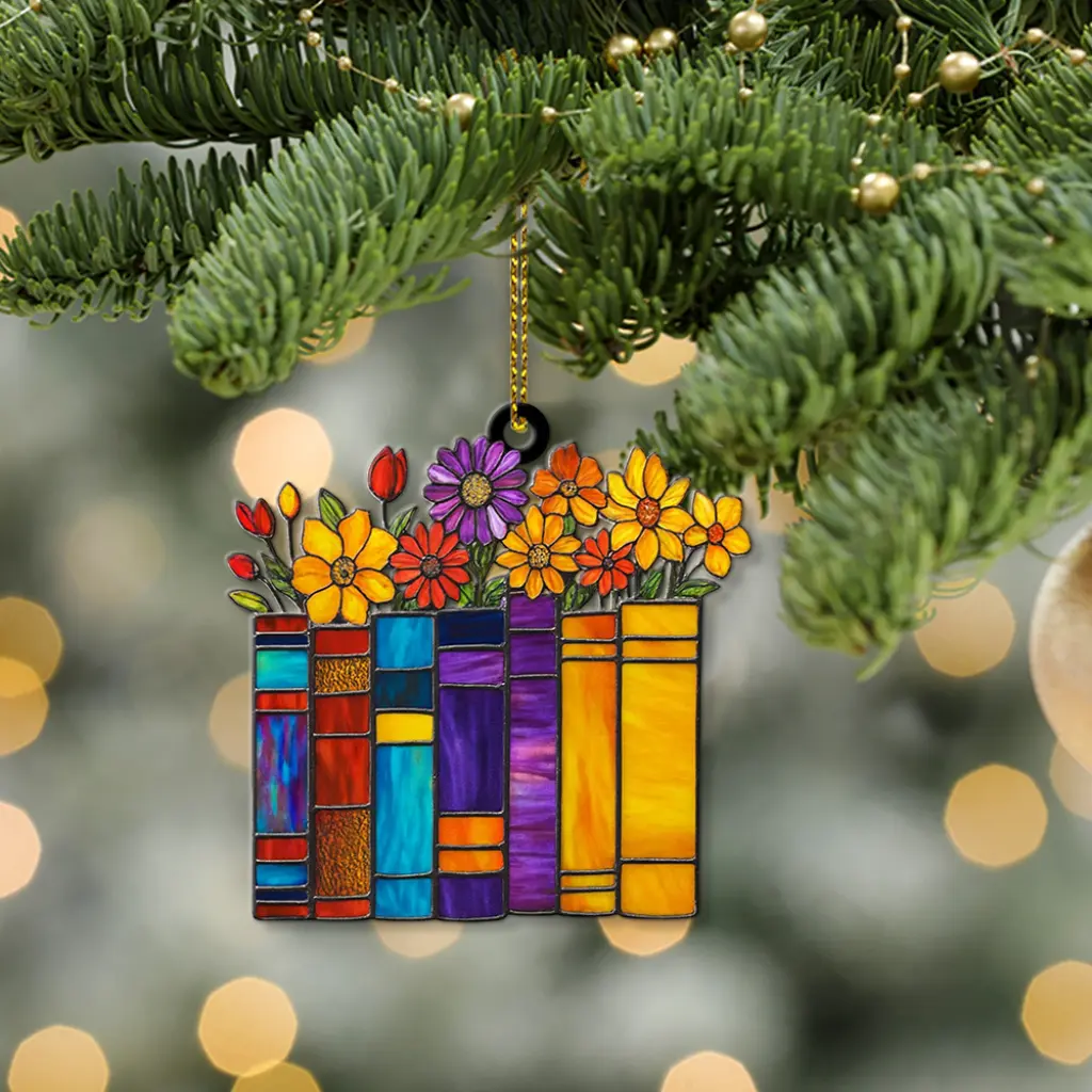 Floral Book Stack Ornament | Acrylic Christmas Gift for Book Lovers, Readers | Bookshelf & Tree Decoration - Image 2