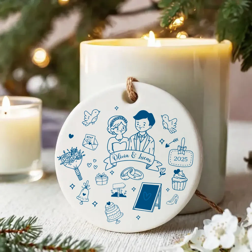 Personalized Doodle Wedding Ornament 2025 | Custom Marriage Keepsake for Couple | First Christmas Married Gift - Image 7
