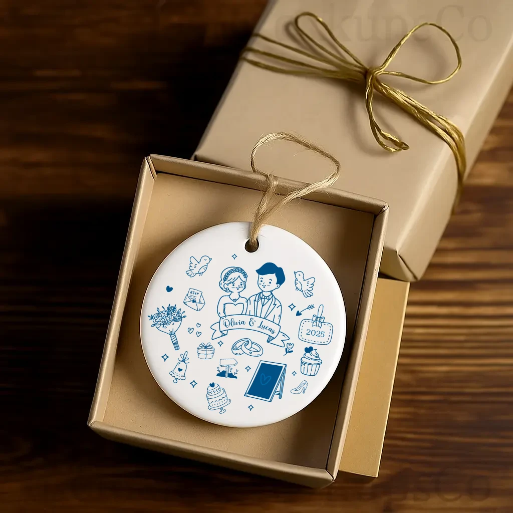 Personalized Doodle Wedding Ornament 2025 | Custom Marriage Keepsake for Couple | First Christmas Married Gift - Image 6