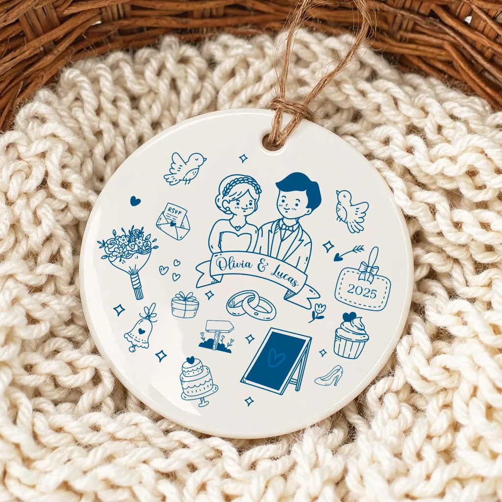Personalized Doodle Wedding Ornament 2025 | Custom Marriage Keepsake for Couple | First Christmas Married Gift - Image 5