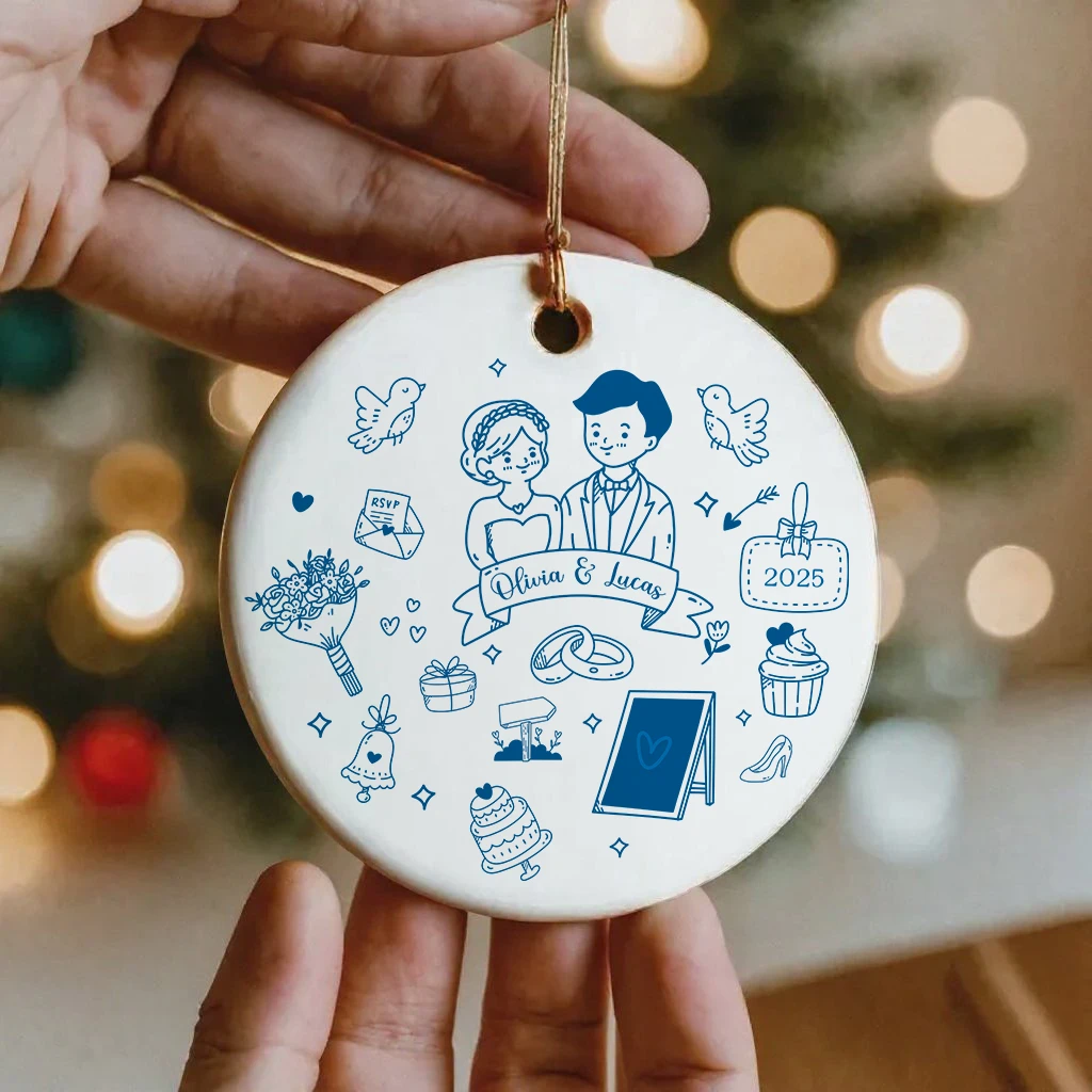 Personalized Doodle Wedding Ornament 2025 | Custom Marriage Keepsake for Couple | First Christmas Married Gift - Image 4