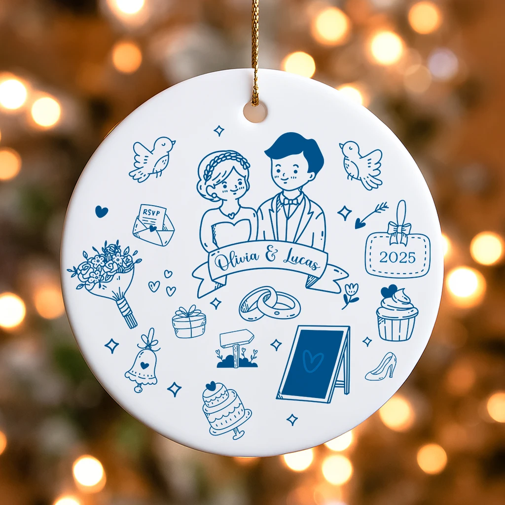 Personalized Doodle Wedding Ornament 2025 | Custom Marriage Keepsake for Couple | First Christmas Married Gift - Image 3