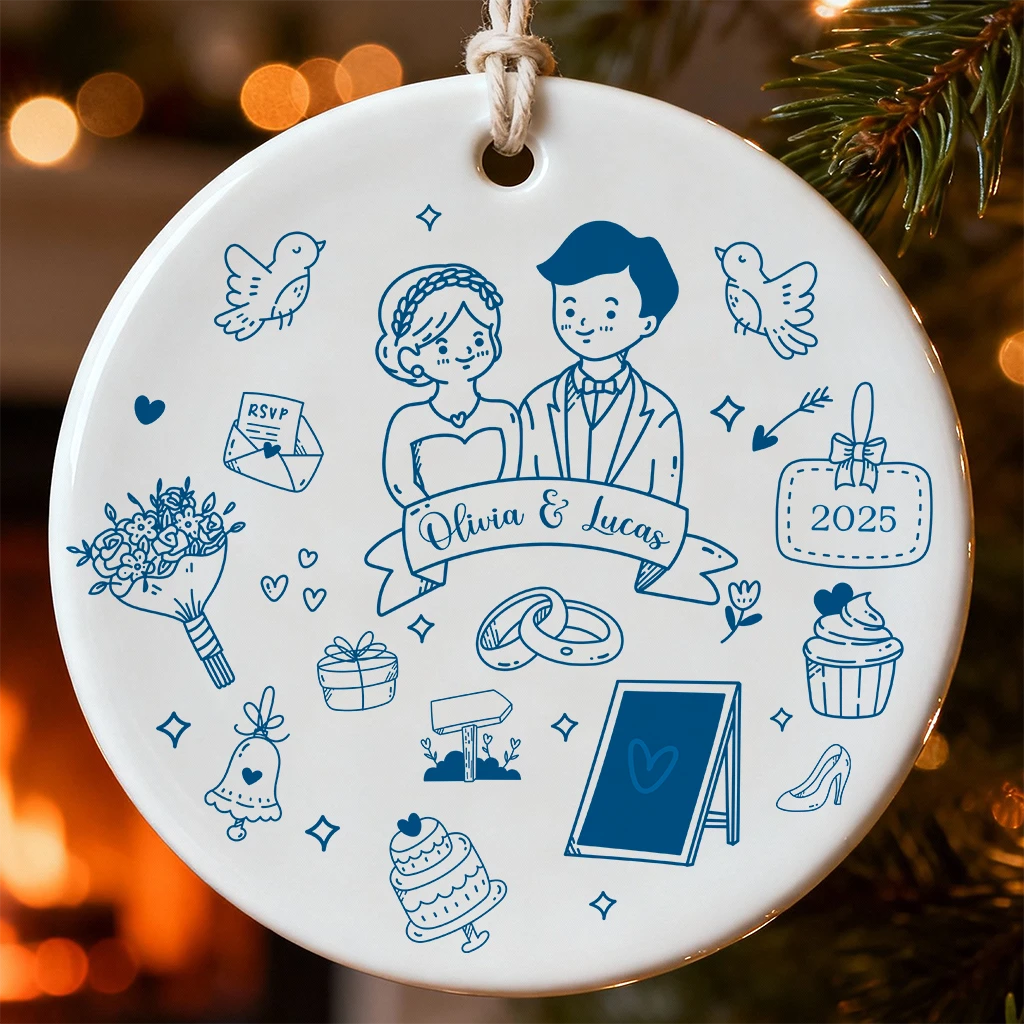 Personalized Doodle Wedding Ornament 2025 | Custom Marriage Keepsake for Couple | First Christmas Married Gift