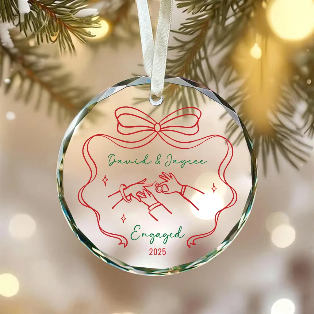 Personalized Engaged Glass Keepsake Ornament | Custom Proposal Ring Illustration & Red Ribbon - Image 6