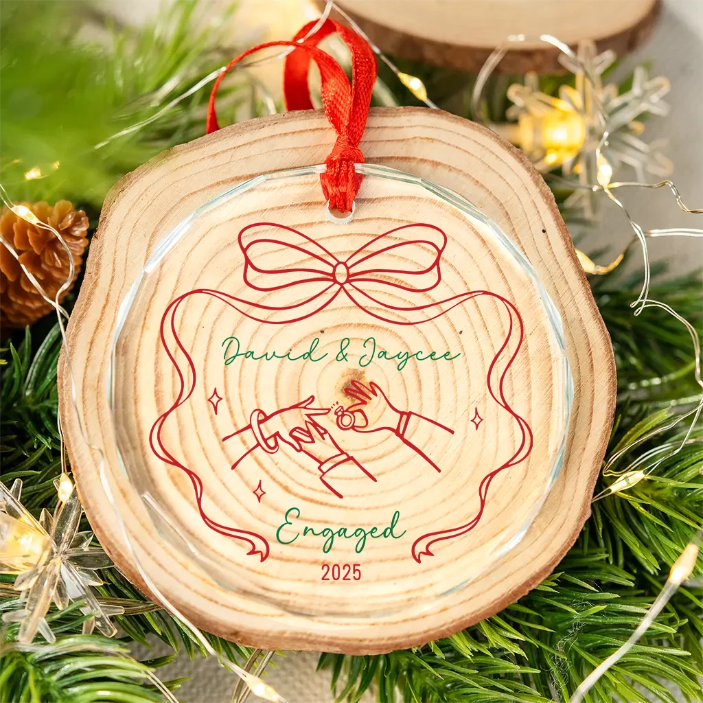 Personalized Engaged Glass Keepsake Ornament | Custom Proposal Ring Illustration & Red Ribbon - Image 3