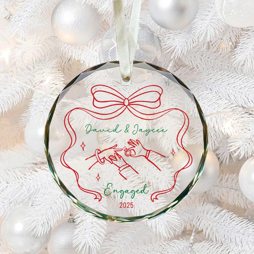 Personalized Engaged Glass Keepsake Ornament | Custom Proposal Ring Illustration & Red Ribbon - Image 4
