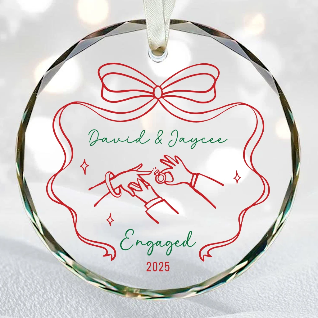 Personalized Engaged Glass Keepsake Ornament | Custom Proposal Ring Illustration & Red Ribbon