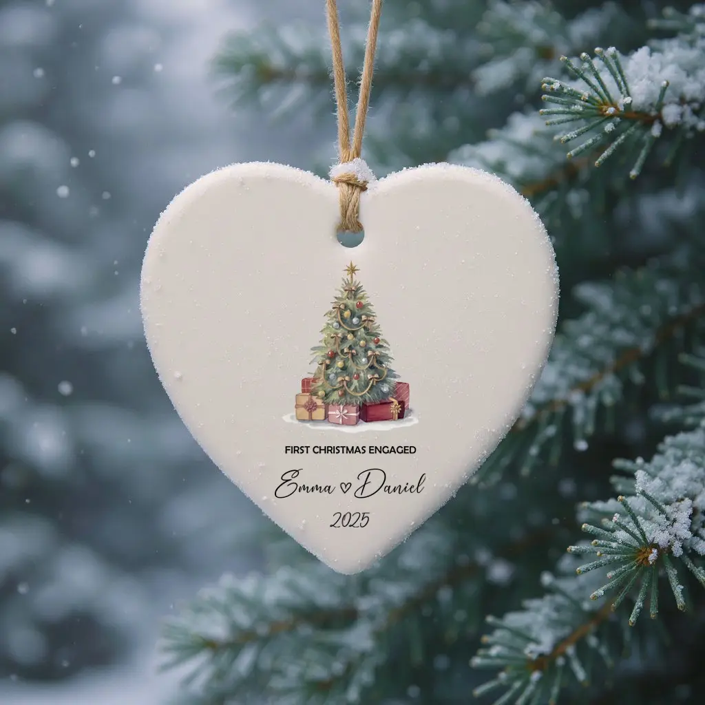 Personalized Engagement Ornament 2025 | Custom Name & Year Heart Porcelain Gift for Couple | Engaged Christmas Tree Decoration - Image 3
