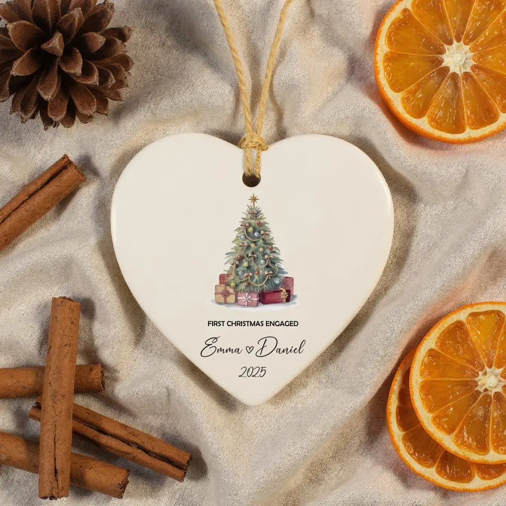 Personalized Engagement Ornament 2025 | Custom Name & Year Heart Porcelain Gift for Couple | Engaged Christmas Tree Decoration - Image 2