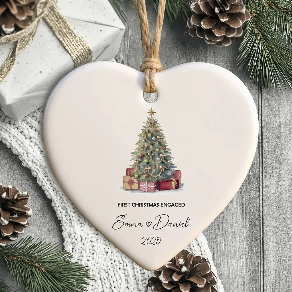 Personalized Engagement Ornament 2025 | Custom Name & Year Heart Porcelain Gift for Couple | Engaged Christmas Tree Decoration