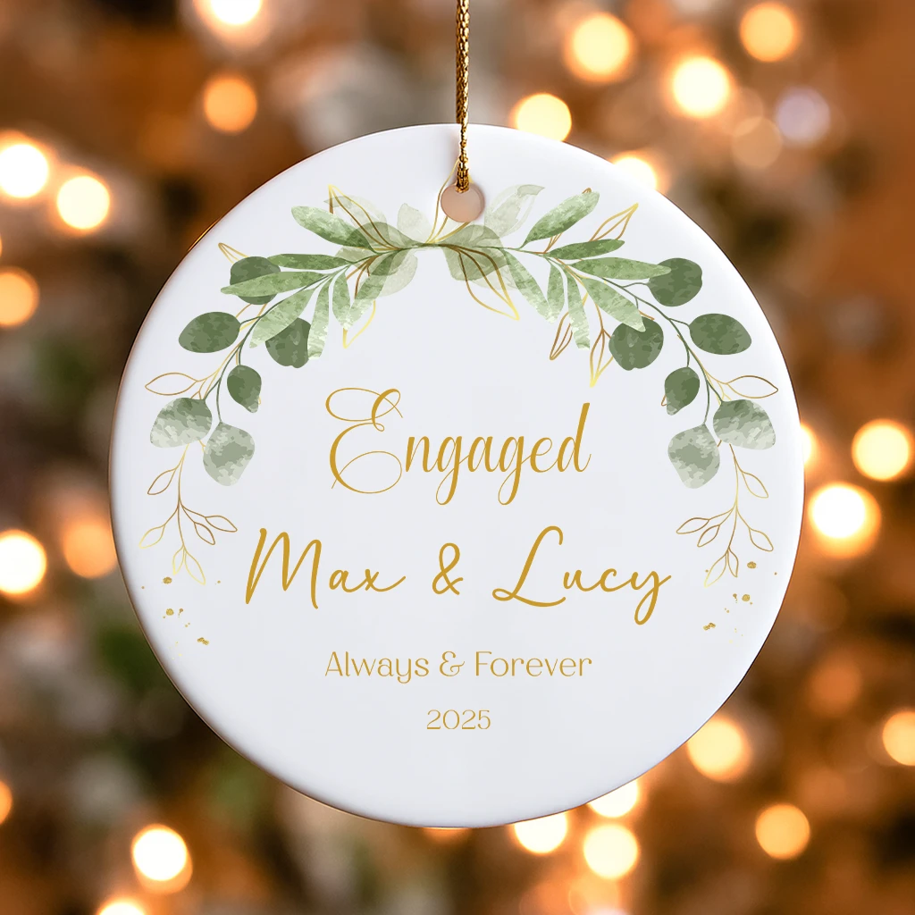 Personalized Gold Engagement Ornament | Custom Names & Date Keepsake | Greenery Christmas Gift 2025 - Image 7