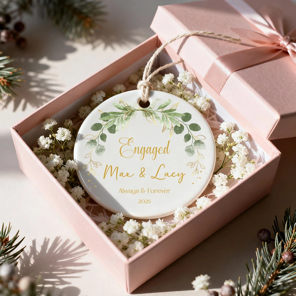 Personalized Gold Engagement Ornament | Custom Names & Date Keepsake | Greenery Christmas Gift 2025 - Image 6