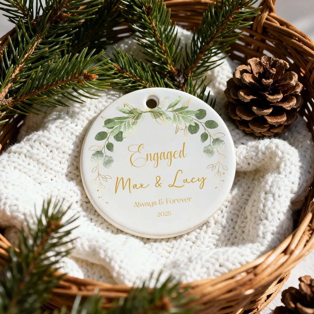 Personalized Gold Engagement Ornament | Custom Names & Date Keepsake | Greenery Christmas Gift 2025 - Image 5