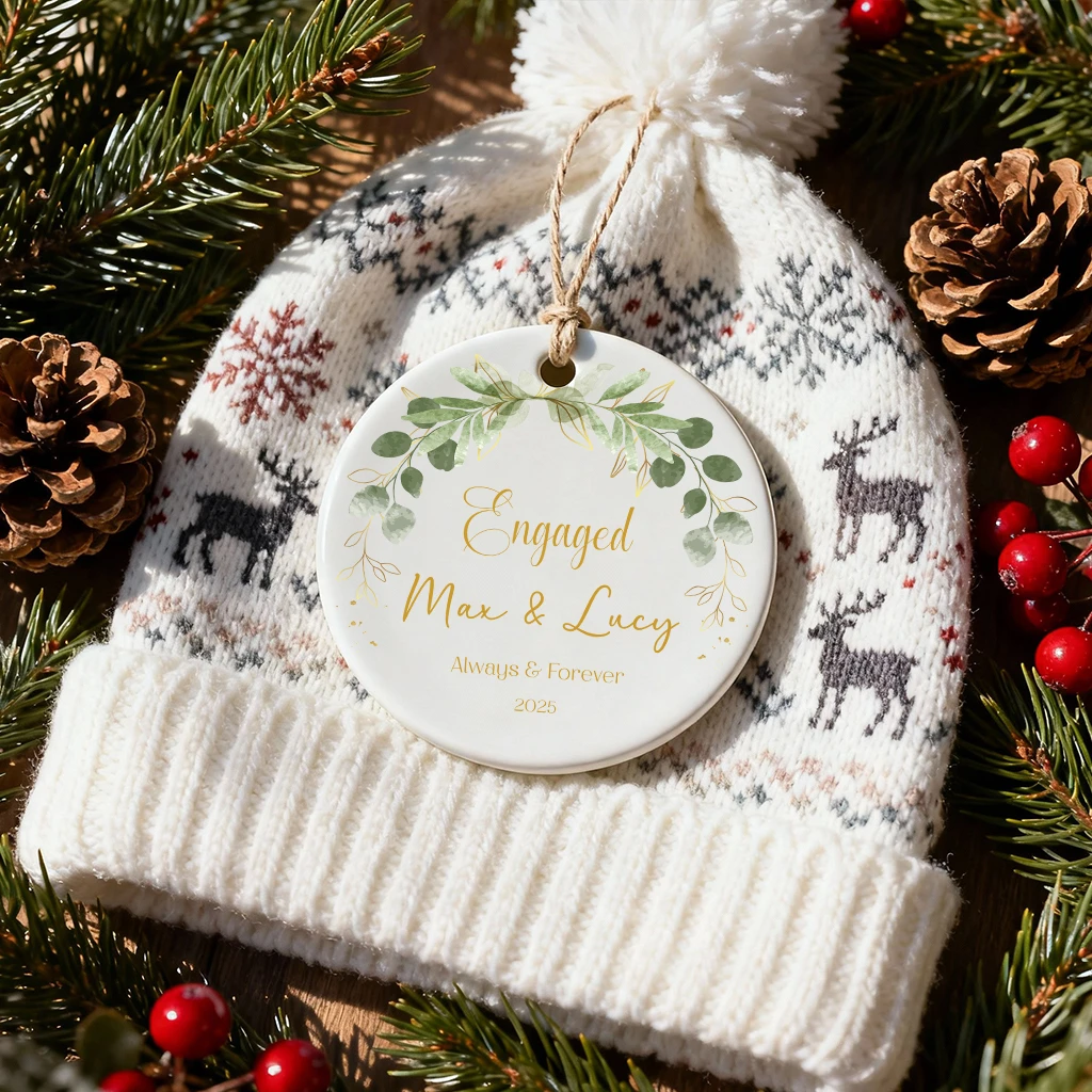 Personalized Gold Engagement Ornament | Custom Names & Date Keepsake | Greenery Christmas Gift 2025 - Image 4