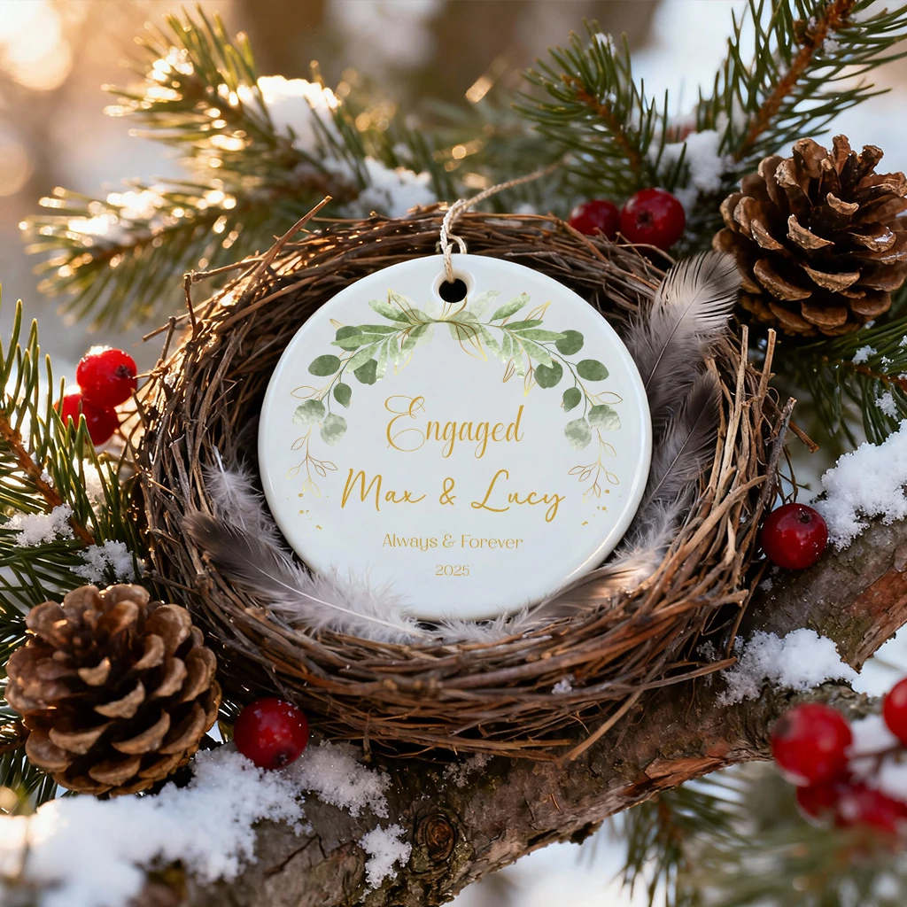 Personalized Gold Engagement Ornament | Custom Names & Date Keepsake | Greenery Christmas Gift 2025 - Image 3