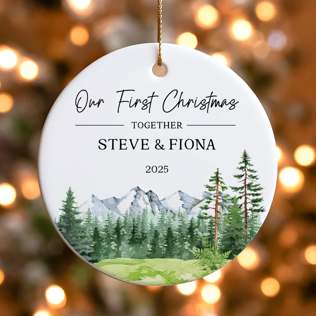 Personalized Mountain Forest Keepsake | Couple's Name Ceramic Gift | Nature Lover 2025 Ornament - Image 7