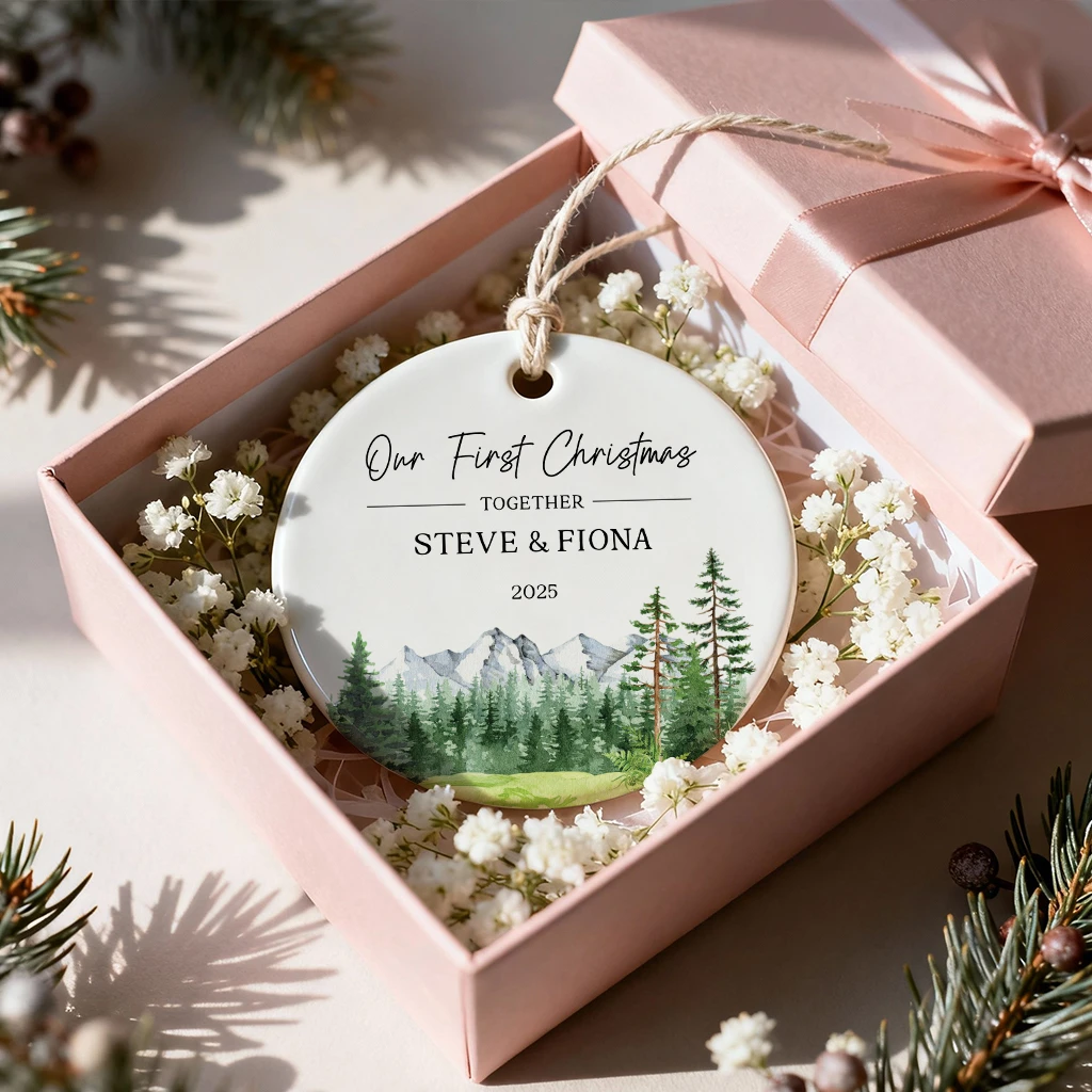 Personalized Mountain Forest Keepsake | Couple's Name Ceramic Gift | Nature Lover 2025 Ornament - Image 6