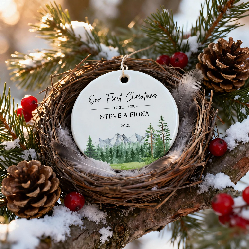 Personalized Mountain Forest Keepsake | Couple's Name Ceramic Gift | Nature Lover 2025 Ornament - Image 5