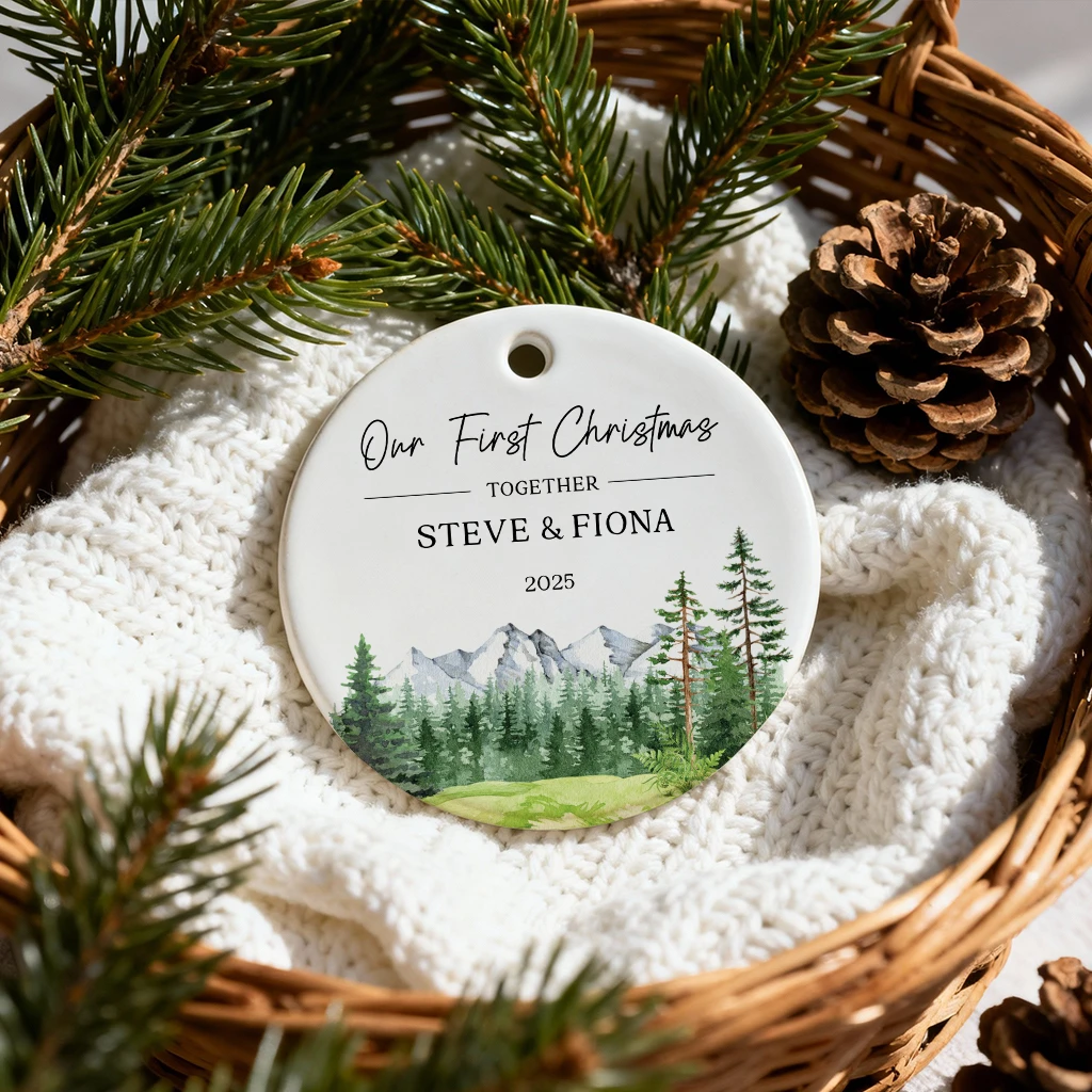 Personalized Mountain Forest Keepsake | Couple's Name Ceramic Gift | Nature Lover 2025 Ornament - Image 4