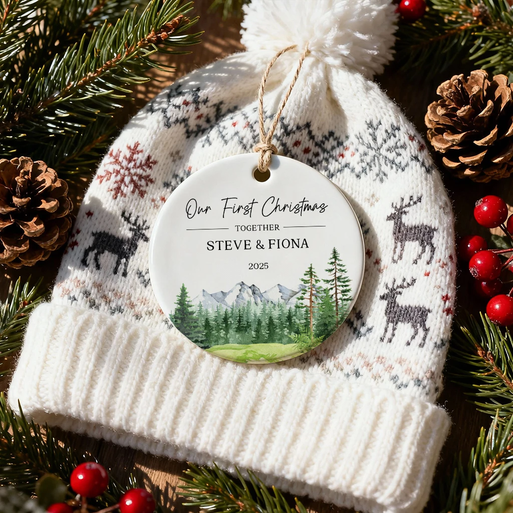 Personalized Mountain Forest Keepsake | Couple's Name Ceramic Gift | Nature Lover 2025 Ornament - Image 2