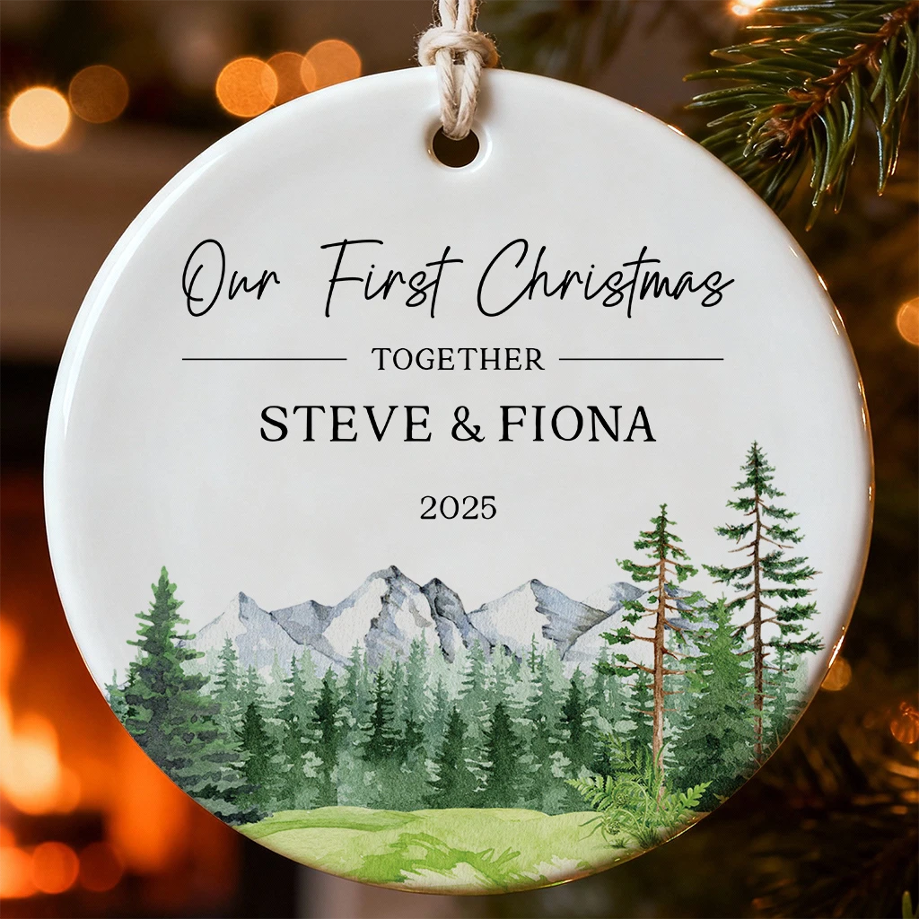 Personalized Mountain Forest Keepsake | Couple's Name Ceramic Gift | Nature Lover 2025 Ornament