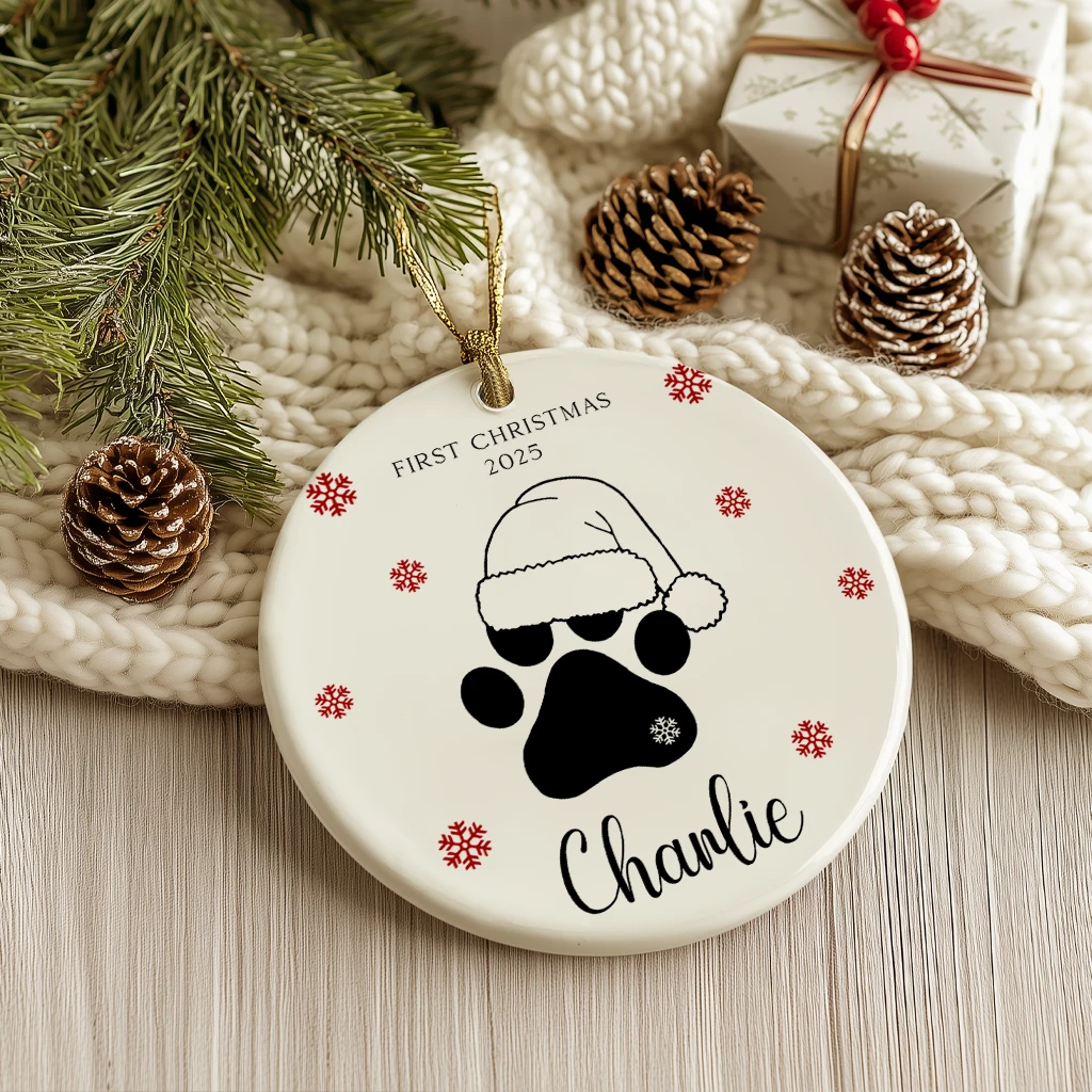 Personalized Pet Paw Print Christmas Ornament | Custom Cat Name Keepsake | Ceramic Santa Hat Paw Holiday Gift - Image 5