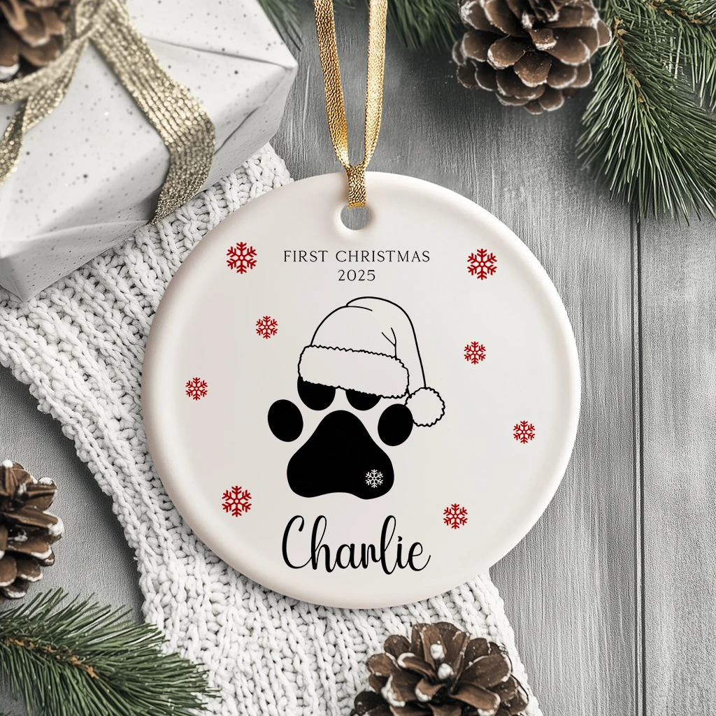 Personalized Pet Paw Print Christmas Ornament | Custom Cat Name Keepsake | Ceramic Santa Hat Paw Holiday Gift - Image 3