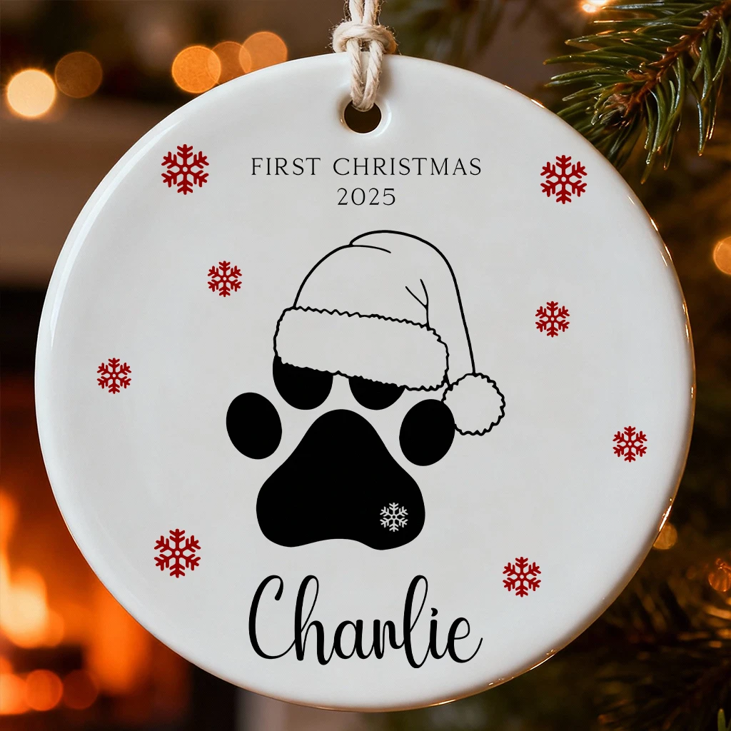 Personalized Pet Paw Print Christmas Ornament | Custom Cat Name Keepsake | Ceramic Santa Hat Paw Holiday Gift